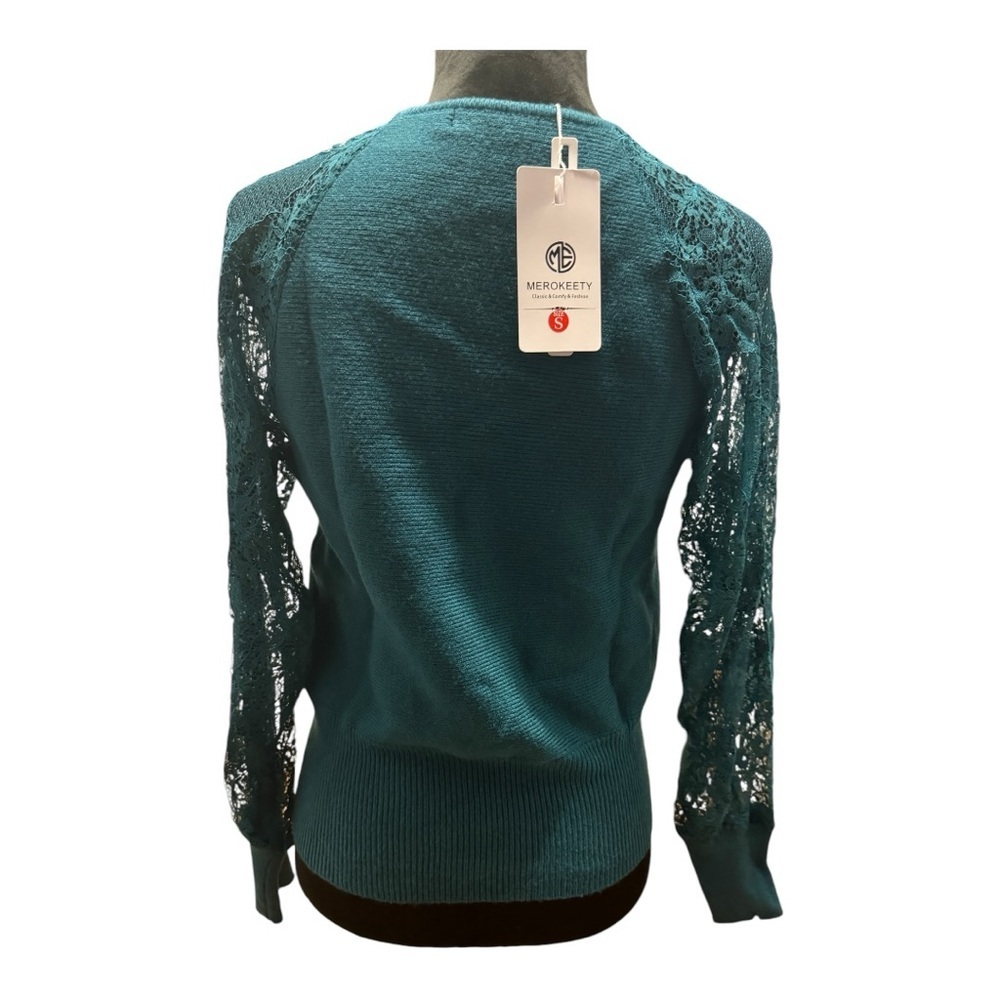 Teal v neck lace long sleeve, knitted top - size S NWT - Picture 4 of 6